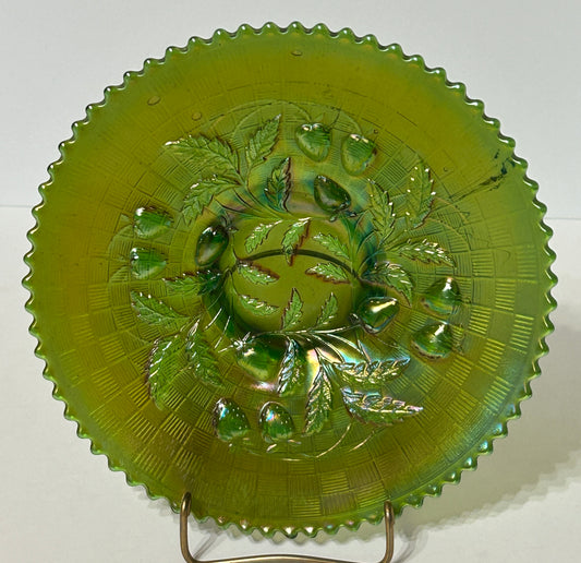 CARNIVAL GLASS GREEN STRAWBERRY AND BASKETWEAVE PLATE