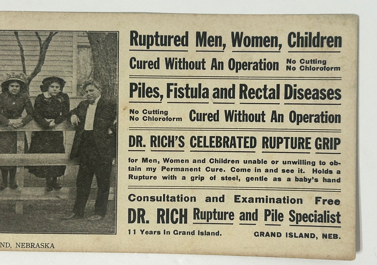 ANTIQUE ADVERTISEMENT FOR DR. RICH RUPTURE AND PILE SPECIALIST, GRAND ISLAND, NEBRASKA