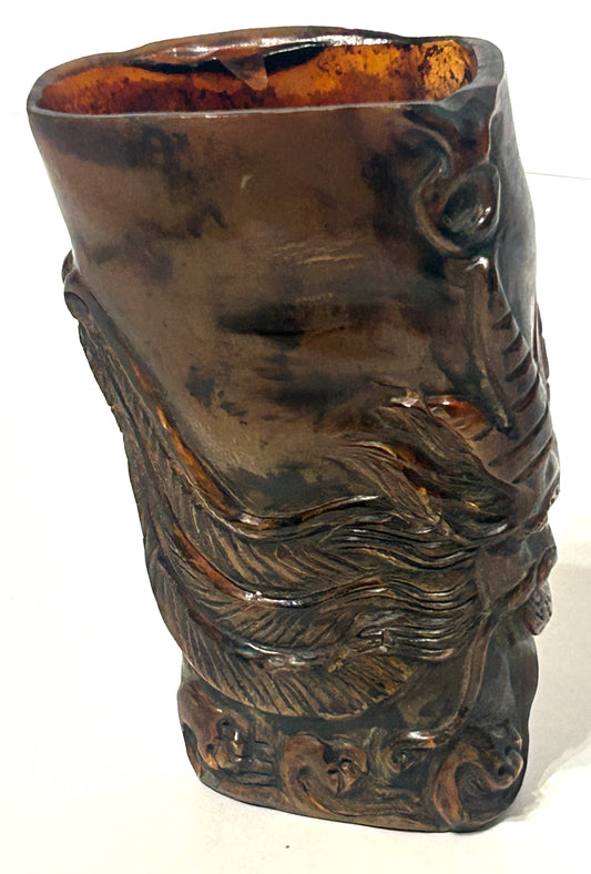 ANTIQUE CHINESE CARVED HORN LIBATION CUP