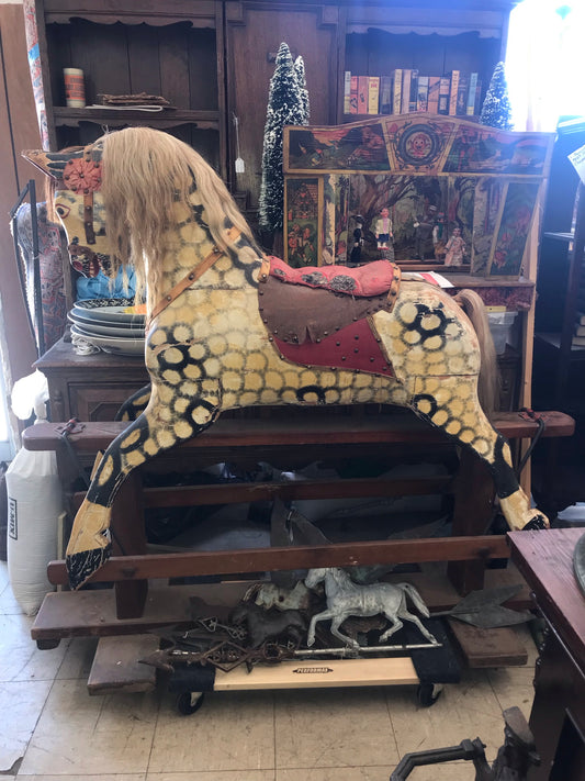 ANTIQUE VERY LARGE WOODEN TOY PLATFORM ROCKING HORSE