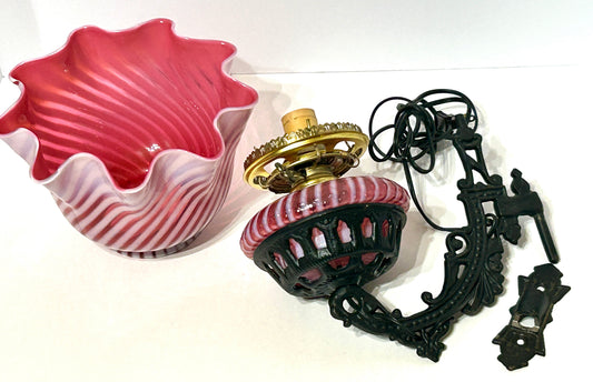 FENTON GLASS CRANBERRY OPAL SWIRL DESIGN WALL LAMP