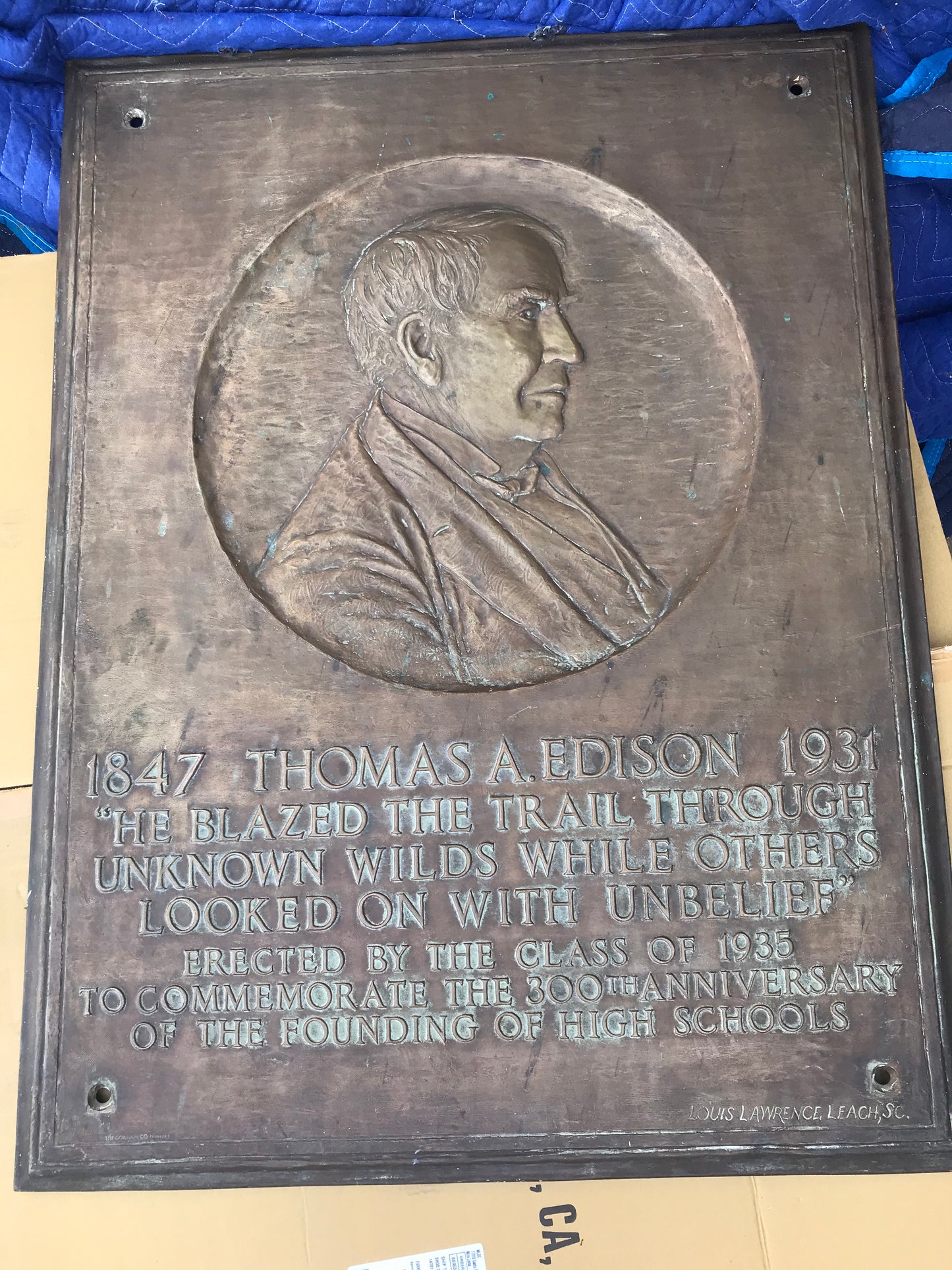 LARGE BRONZE PLAQUES OF EDISON, WASHINGTON, FRANKLIN, AND T. ROOSEVELT