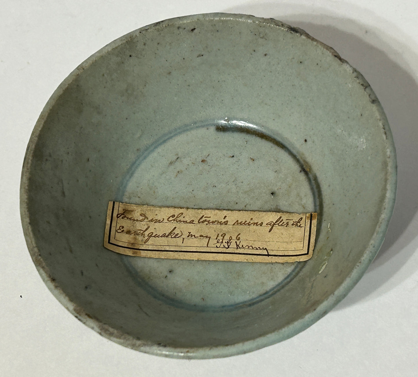 EARLY ANTIQUE CHINESE BLUE AND WHITE POTTERY BOWL FOUND IN CHINA TOWN'S 1906 RUINS
