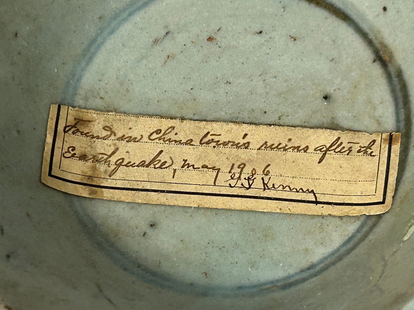 EARLY ANTIQUE CHINESE BLUE AND WHITE POTTERY BOWL FOUND IN CHINA TOWN'S 1906 RUINS