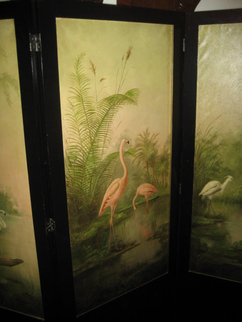 ANTIQUE TRIPLE PANEL FOLDING PAINTED SCREEN WITH BIRDS
