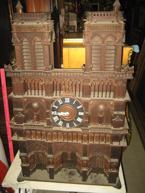 ANTIQUE FOLK ART JIG SAW CUT OUT LARGE NOTRE DAME CLOCK