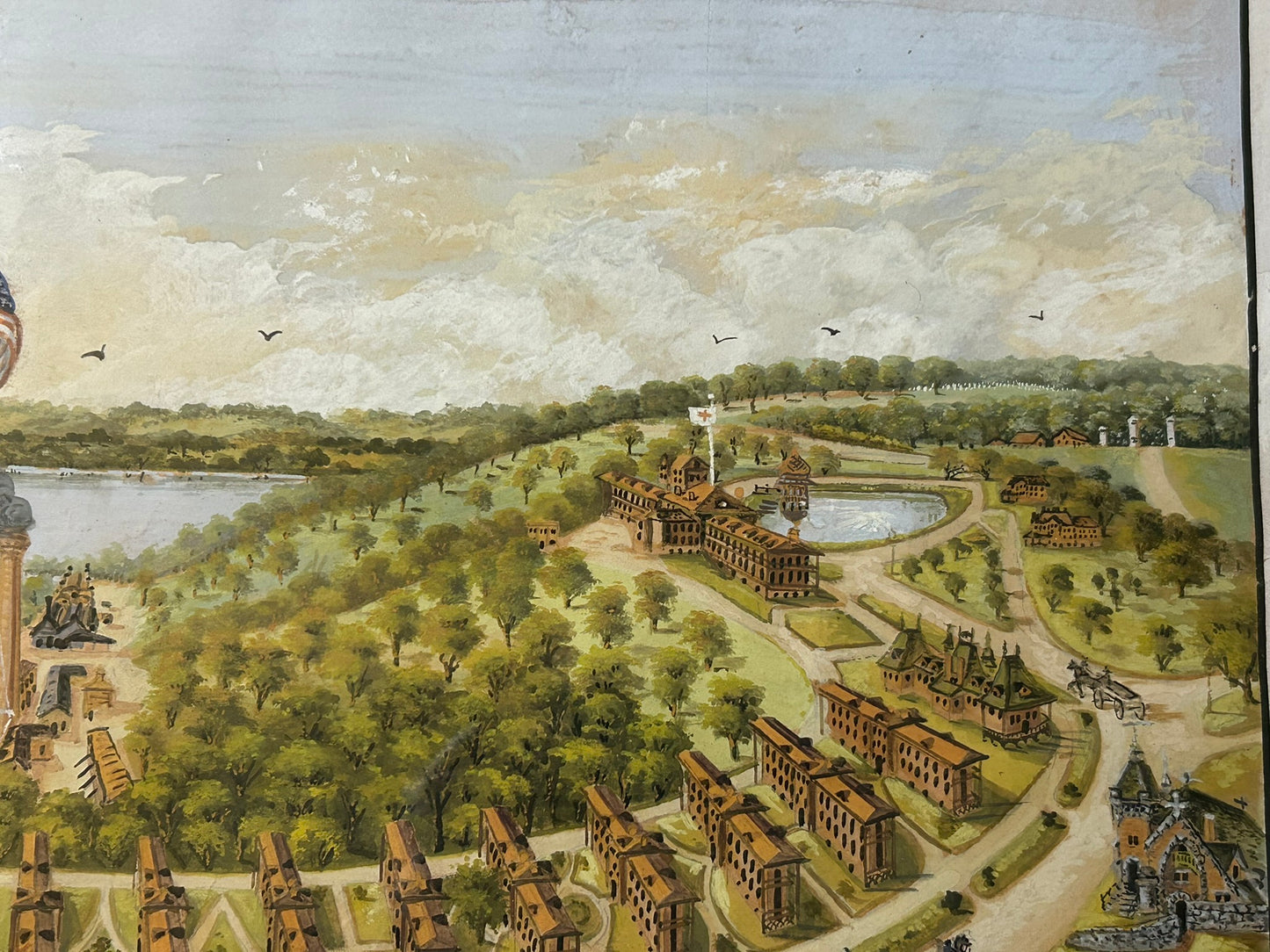 1894 DETAILED WATERCOLOR PAINTING OF GROUNDS OF LEAVENWORTH KANSAS VETERANS HOME
