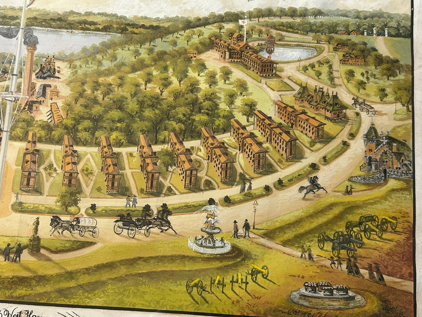 1894 DETAILED WATERCOLOR PAINTING OF GROUNDS OF LEAVENWORTH KANSAS VETERANS HOME