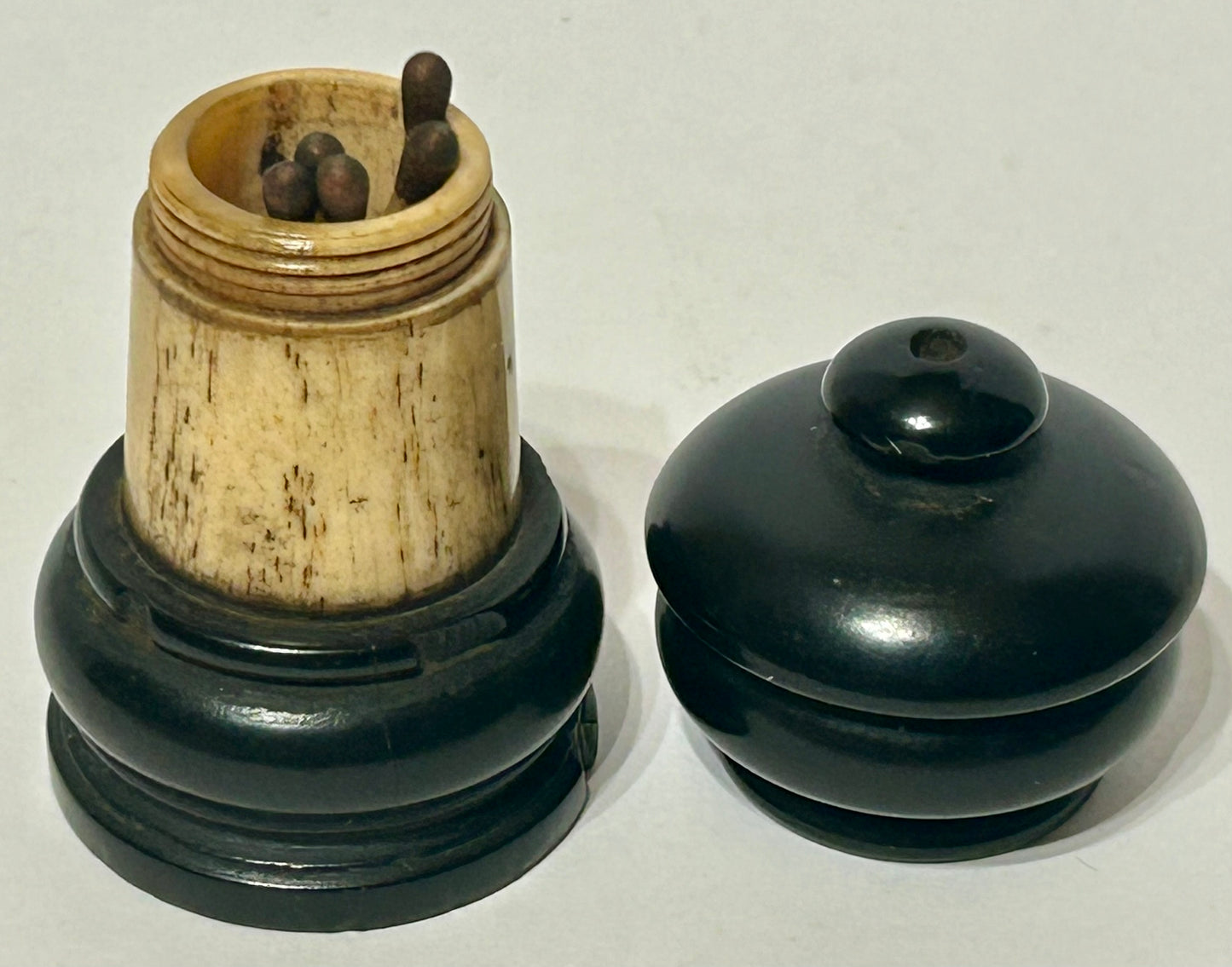 ANTIQUE MATCH HOLDER OF GUTTA PERCHA AND BONE