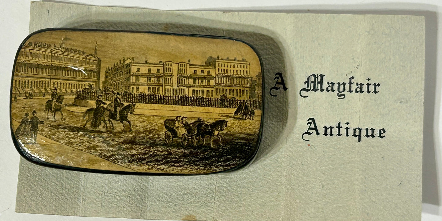 ANTIQUE PAPER MACHE SNUFF BOX WITH STREET SCENE