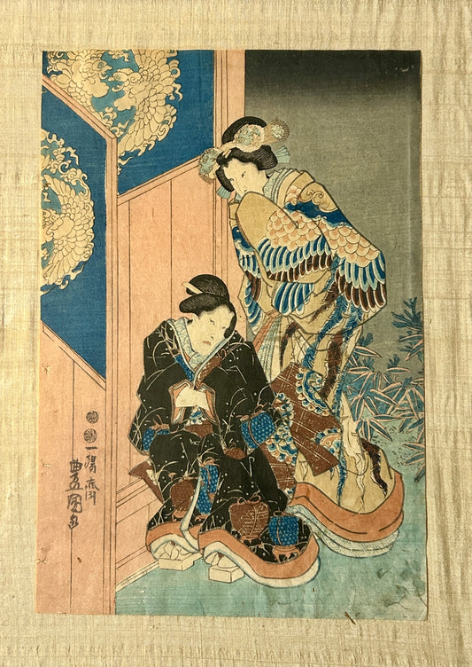JAPANESE WOODBLOCK PRINT BY TOYOKUNI II OR KUNISADA OF GEISHA GIRLS