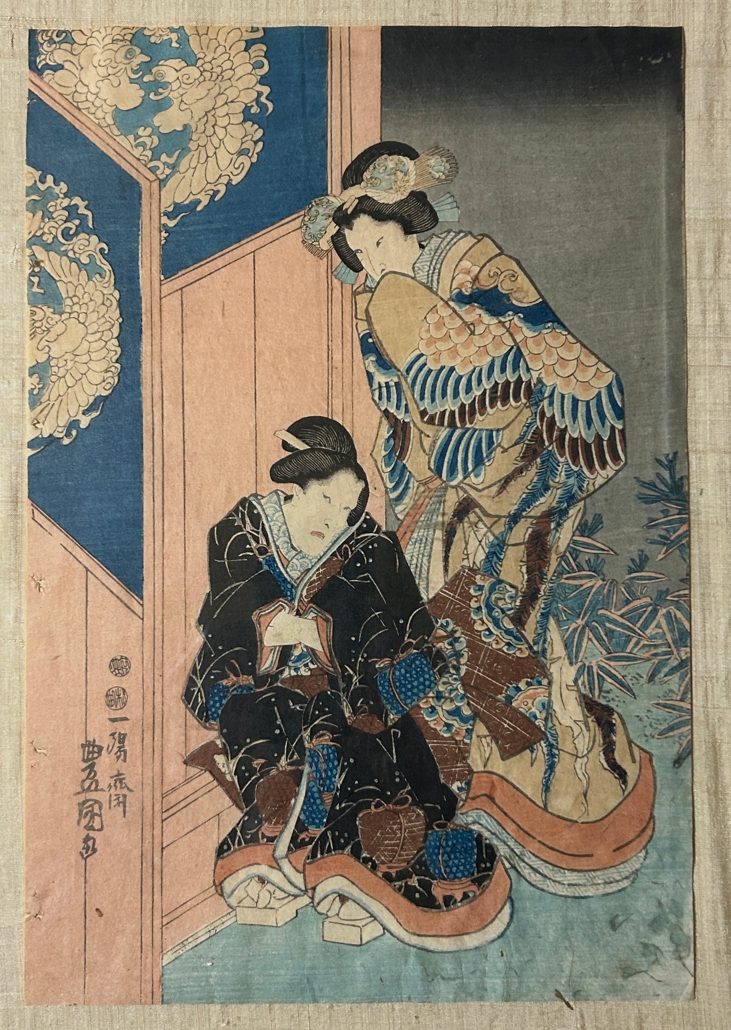 JAPANESE WOODBLOCK PRINT BY TOYOKUNI II OR KUNISADA OF GEISHA GIRLS