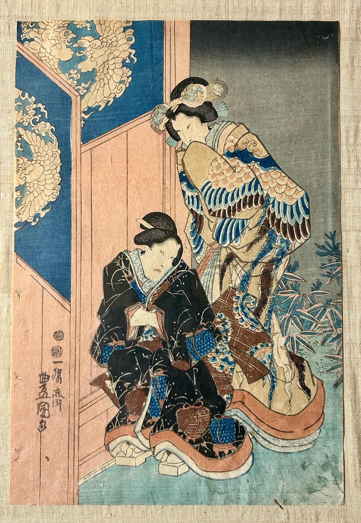 JAPANESE WOODBLOCK PRINT BY TOYOKUNI II OR KUNISADA OF GEISHA GIRLS