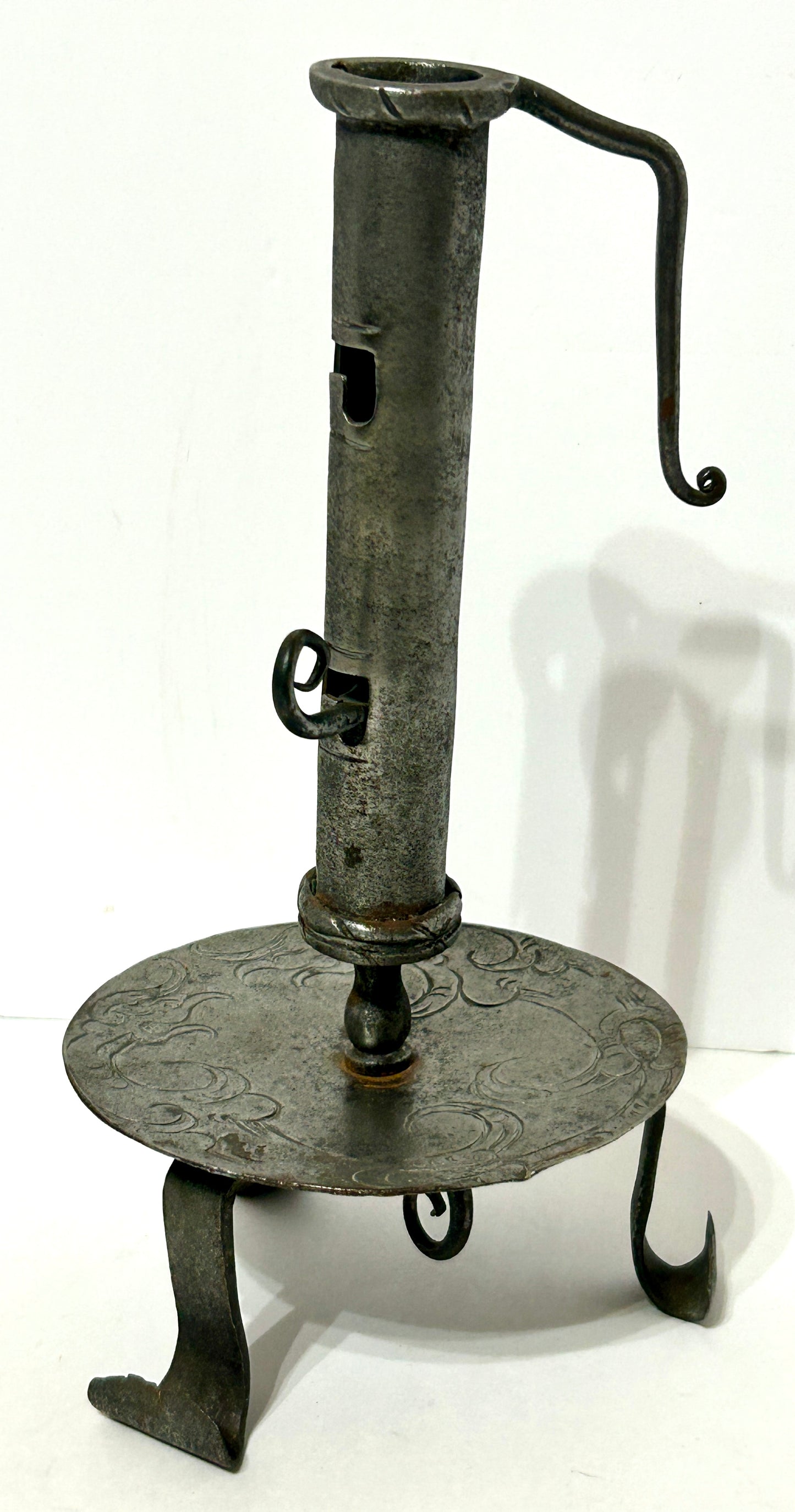 18TH CENTURY WROUGHT IRON DECORATED HAND FORGED CANDLESTICK