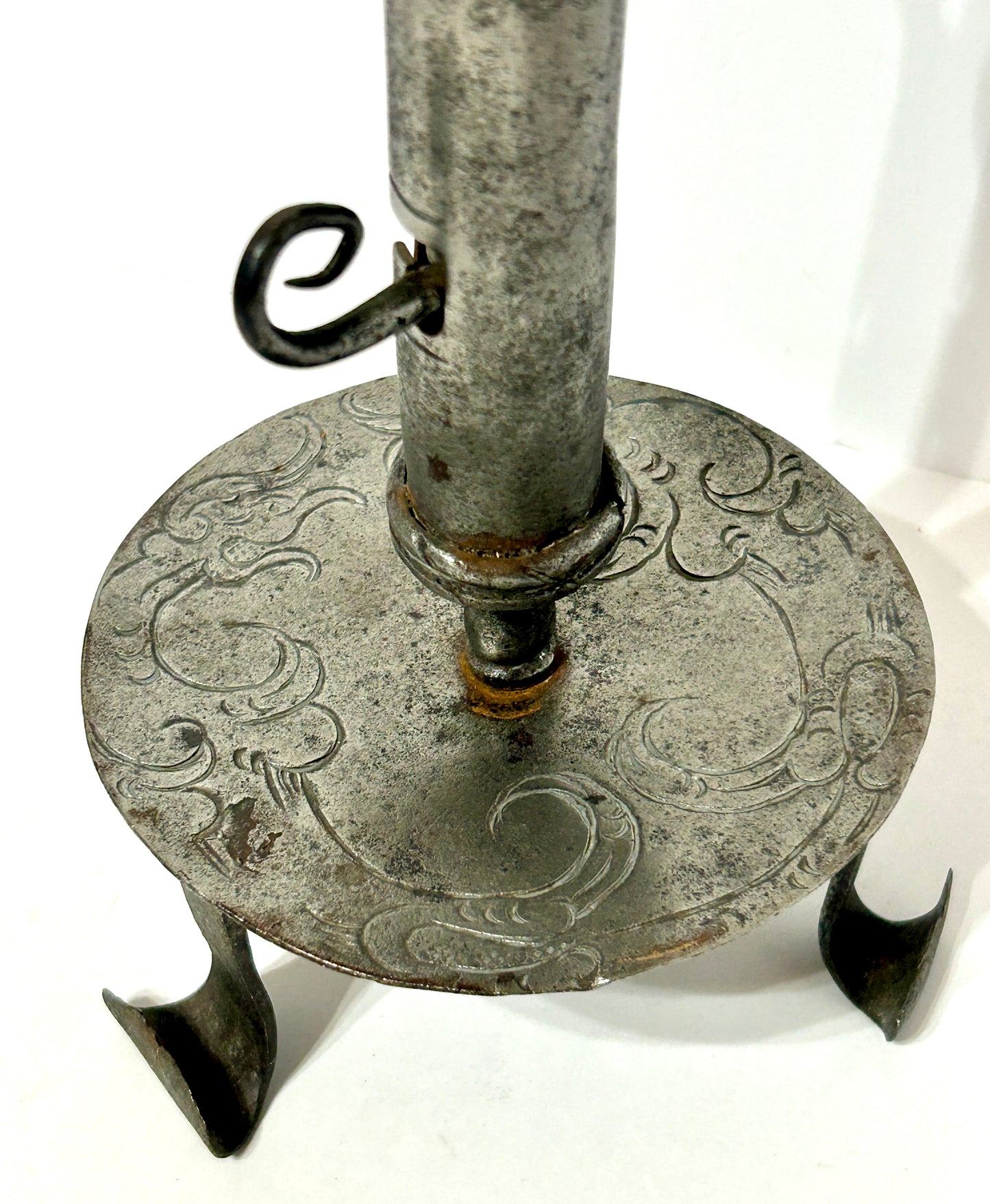 18TH CENTURY WROUGHT IRON DECORATED HAND FORGED CANDLESTICK