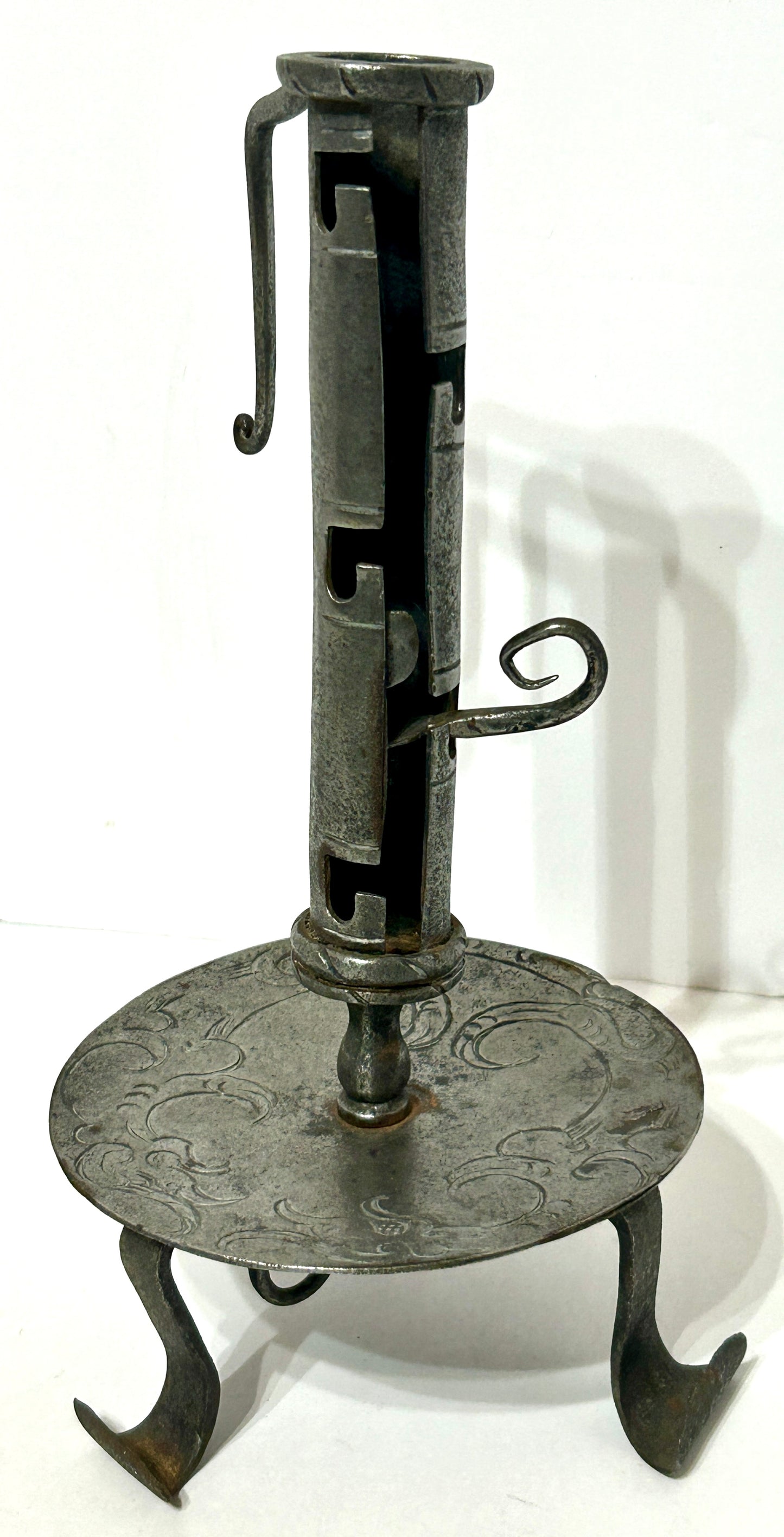 18TH CENTURY WROUGHT IRON DECORATED HAND FORGED CANDLESTICK