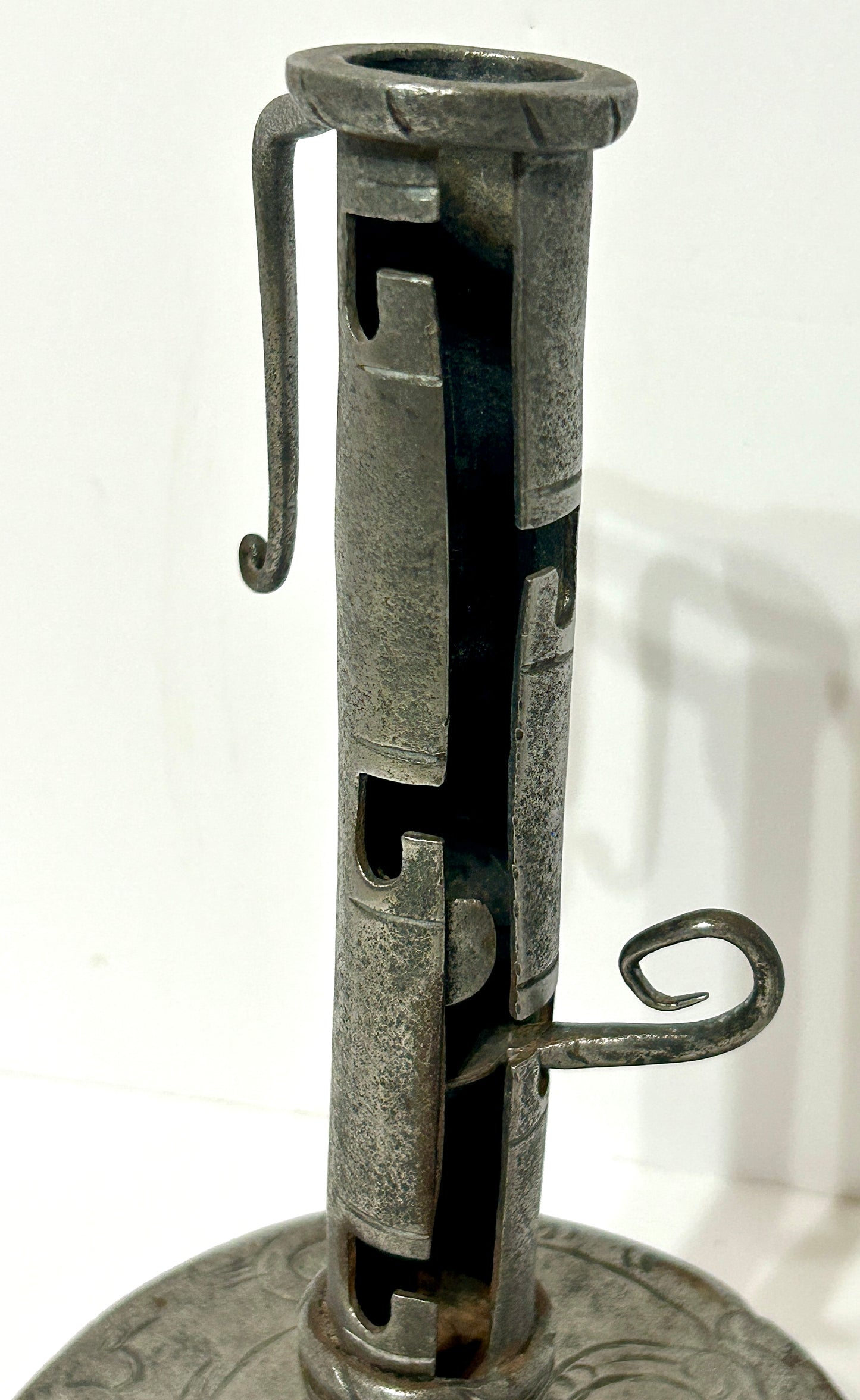 18TH CENTURY WROUGHT IRON DECORATED HAND FORGED CANDLESTICK