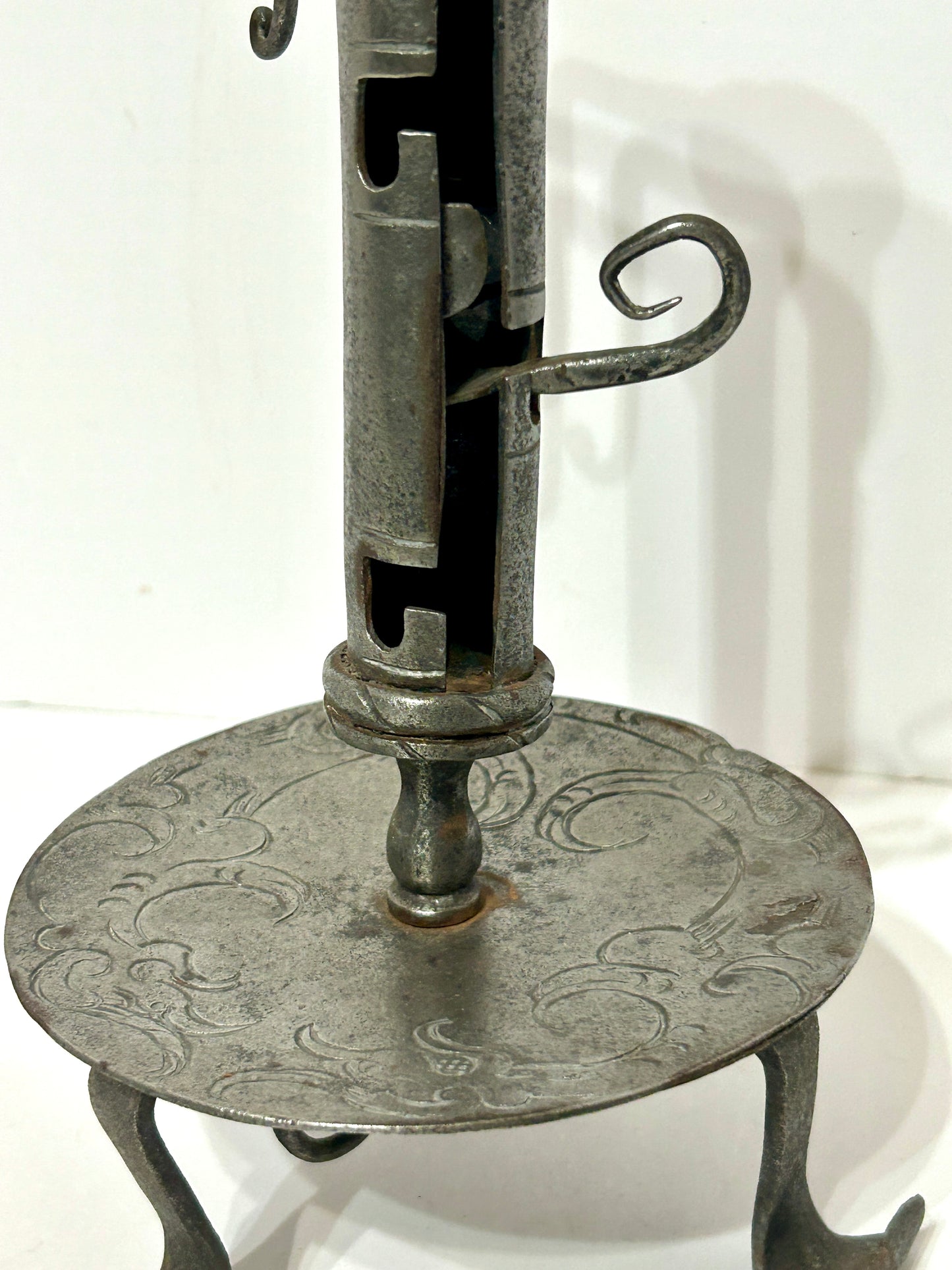 18TH CENTURY WROUGHT IRON DECORATED HAND FORGED CANDLESTICK