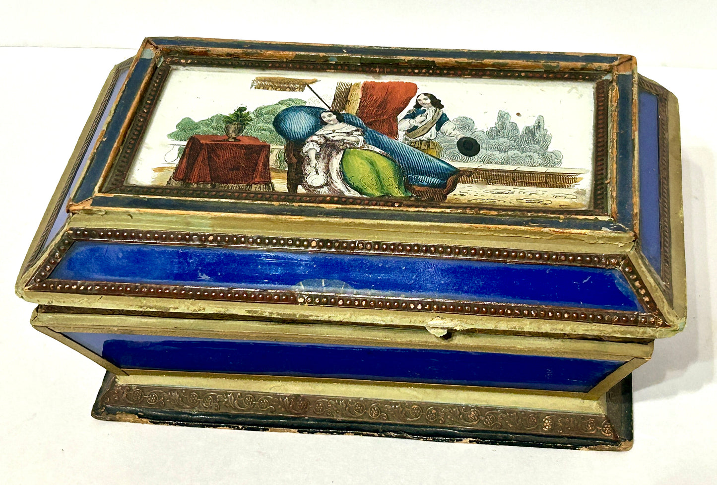 ANTIQUE DECORATED GLASS AND CARDBOARD MID 1800'S DRESSER BOX