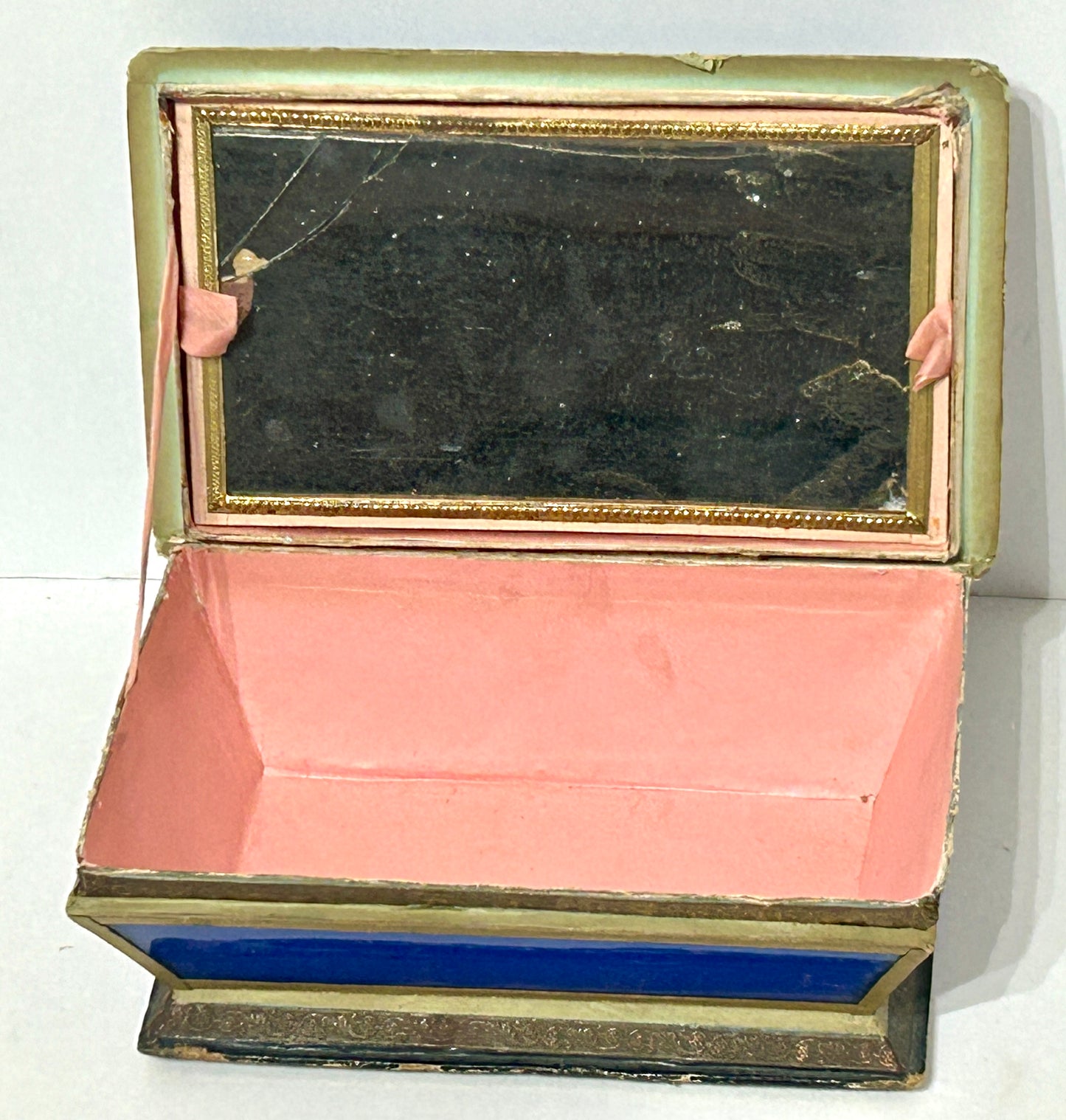 ANTIQUE DECORATED GLASS AND CARDBOARD MID 1800'S DRESSER BOX