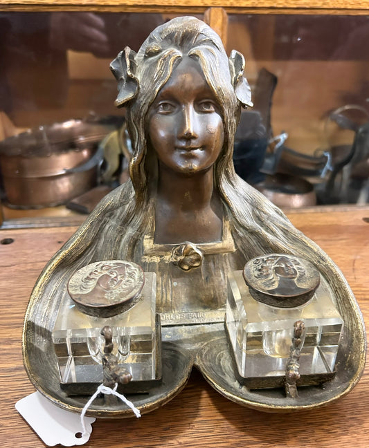 ART NOUVEAU FIGURAL BRONZE WOMAN INKWELL