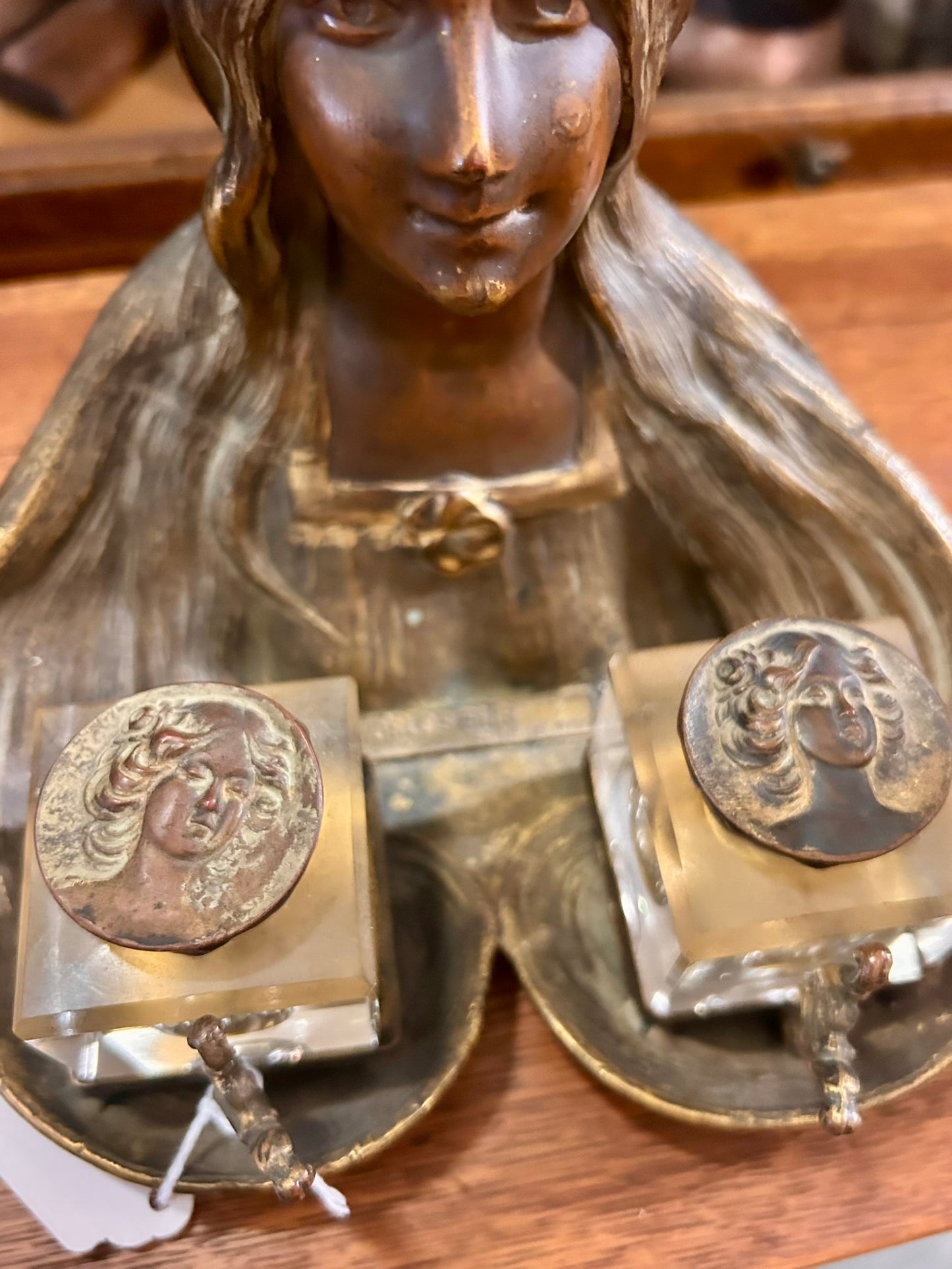 ART NOUVEAU FIGURAL BRONZE WOMAN INKWELL