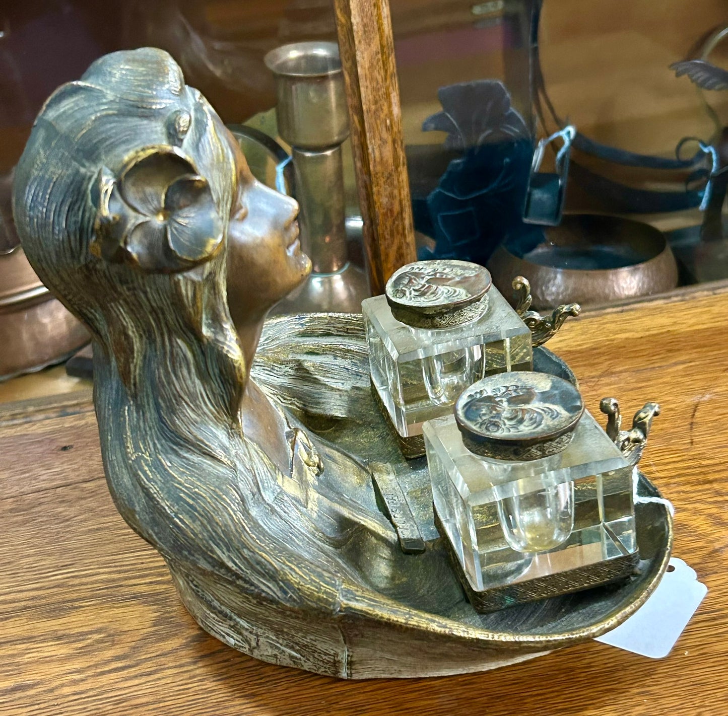 ART NOUVEAU FIGURAL BRONZE WOMAN INKWELL