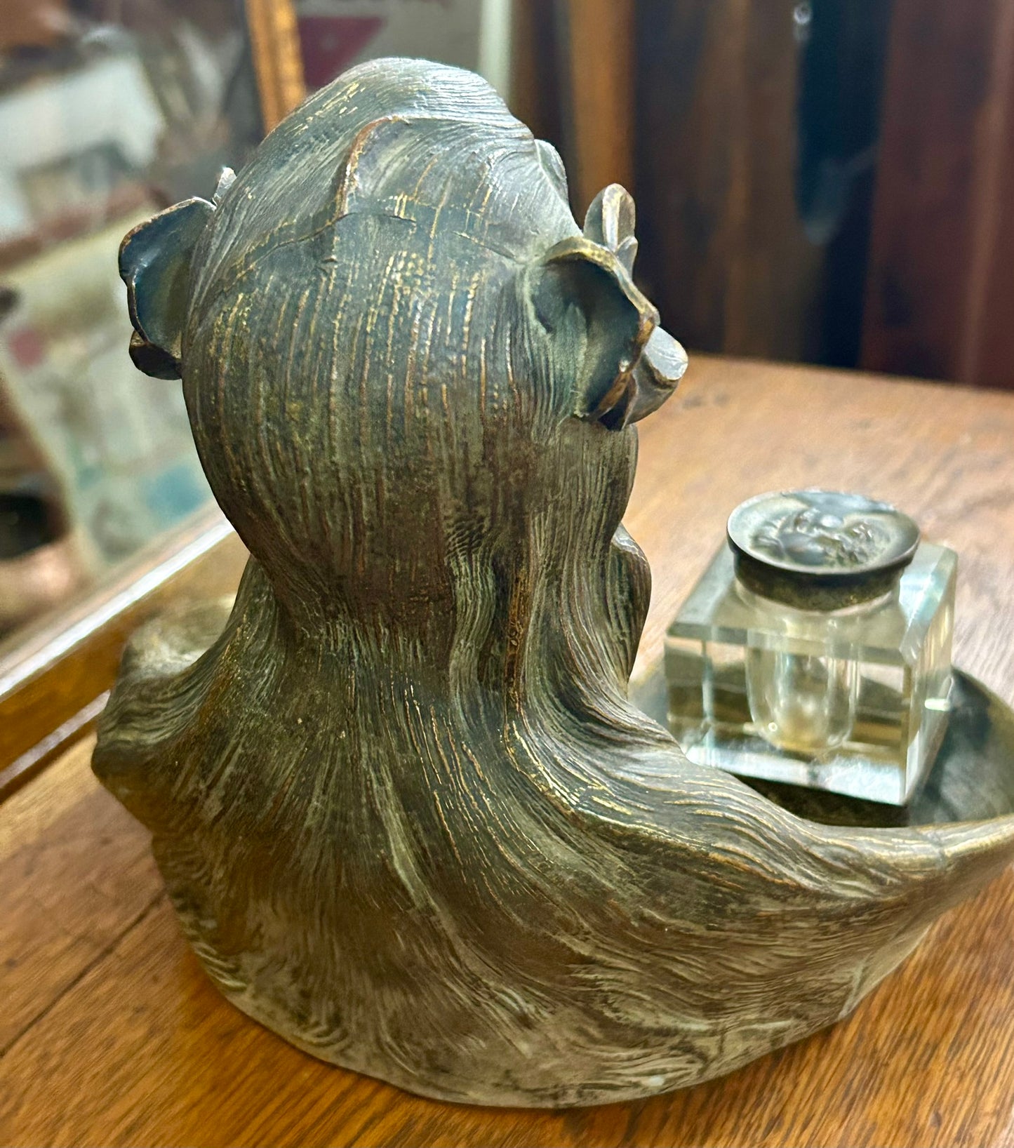 ART NOUVEAU FIGURAL BRONZE WOMAN INKWELL