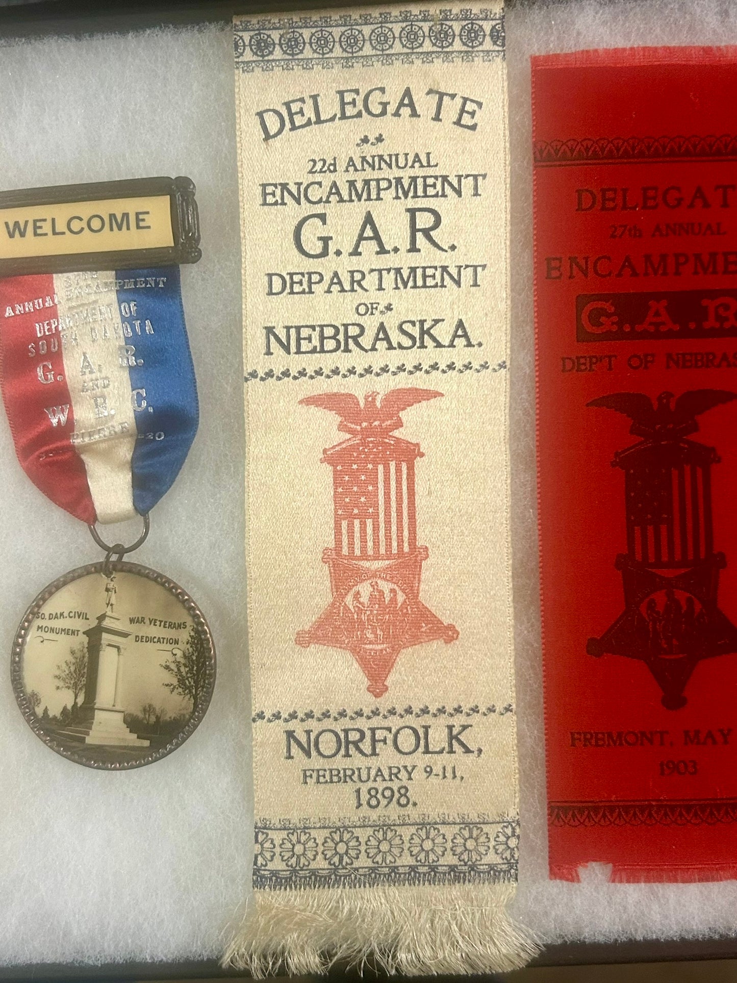 CIVIL WAR GROUP OF FIVE G.A.R. RIBBON MEDALS SOUTH DAKOTA, NEBR., MINN.