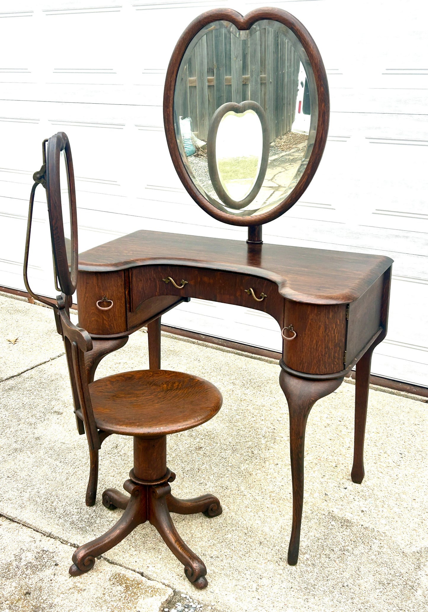 ANTIQUE OAK VANITY AND CHAIR WITH RARE ADJUSTIBLE HEART SHAPE MIRRORS PAT. 1904
