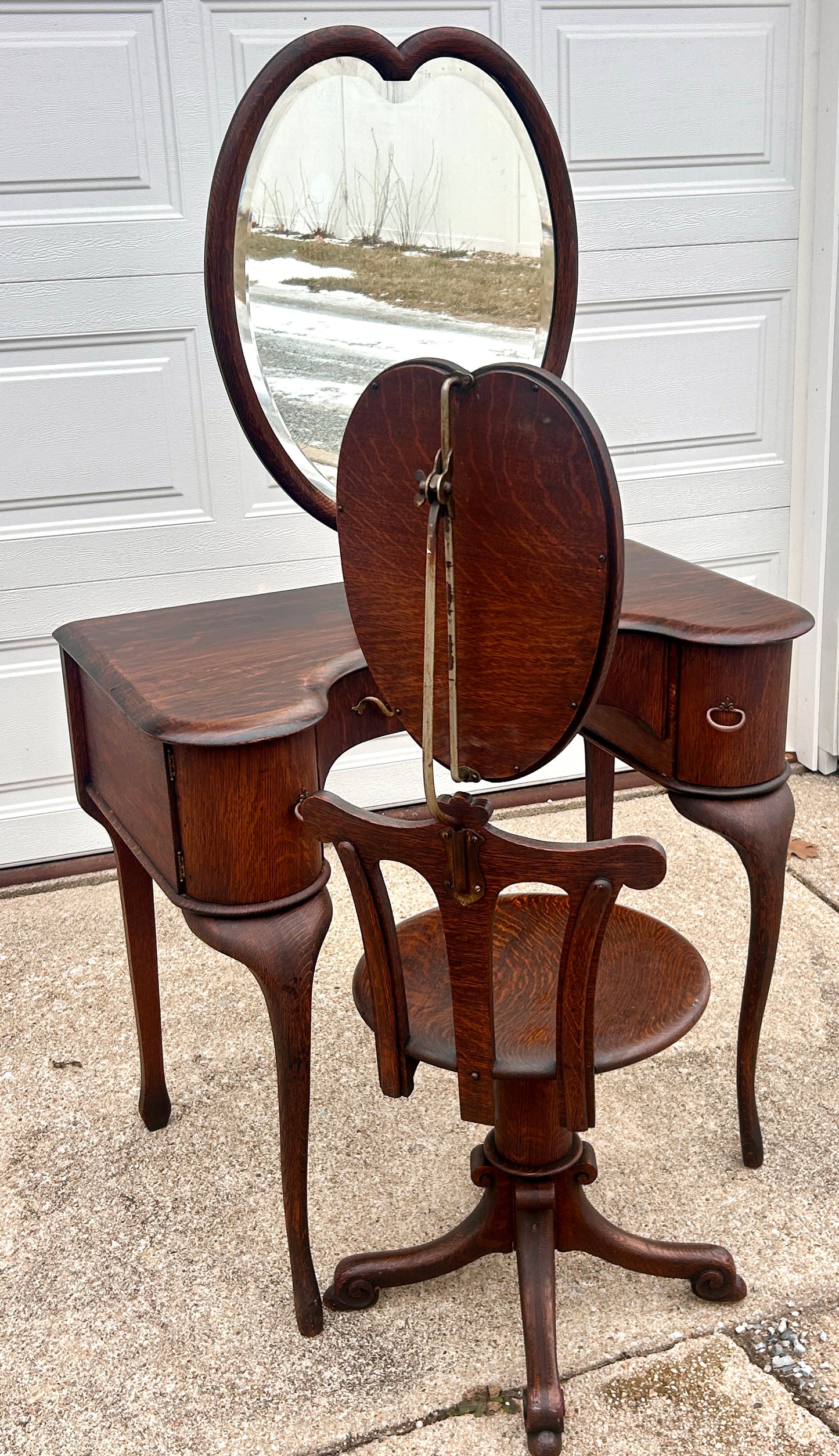 ANTIQUE OAK VANITY AND CHAIR WITH RARE ADJUSTIBLE HEART SHAPE MIRRORS PAT. 1904