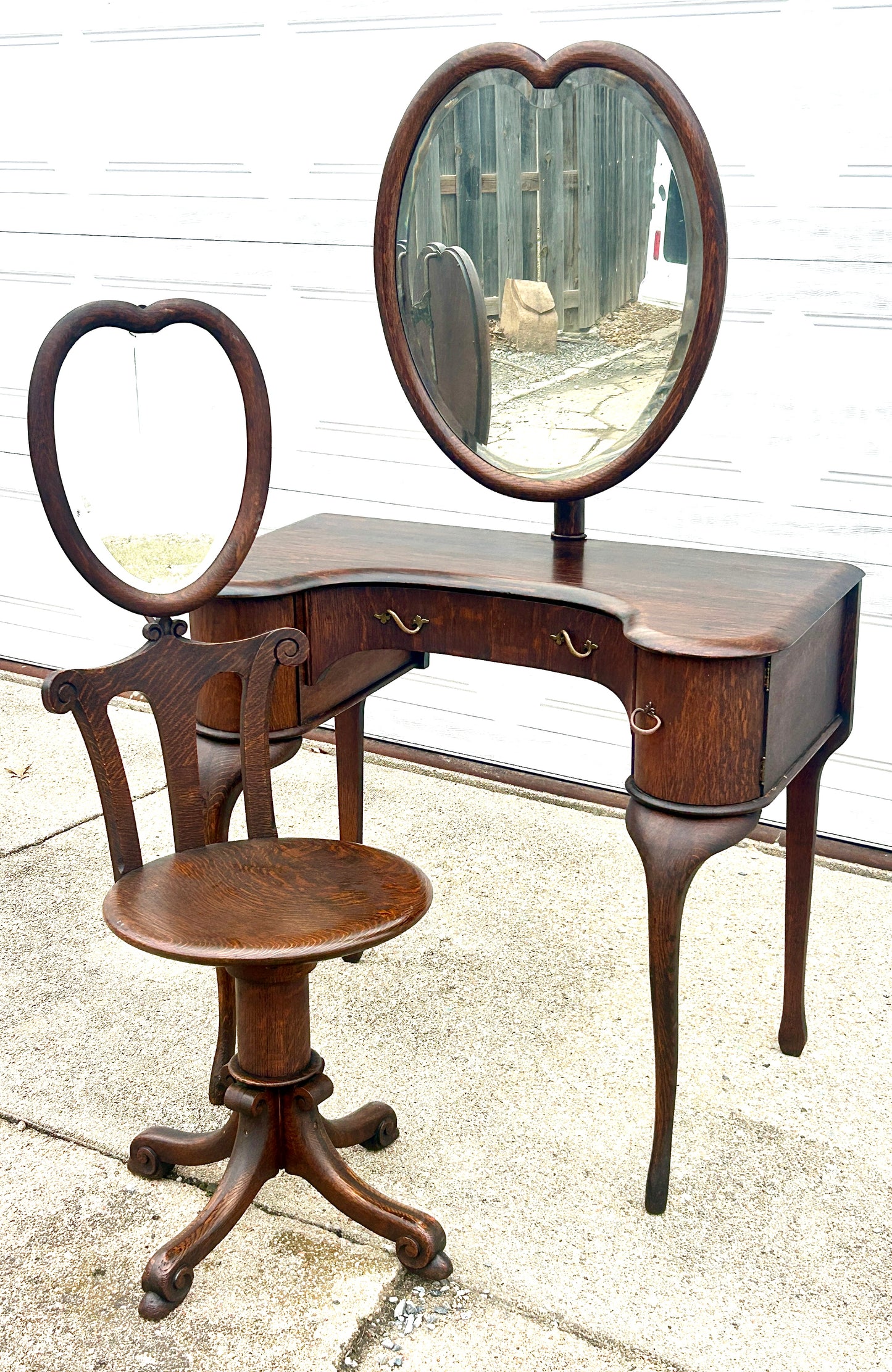 ANTIQUE OAK VANITY AND CHAIR WITH RARE ADJUSTIBLE HEART SHAPE MIRRORS PAT. 1904