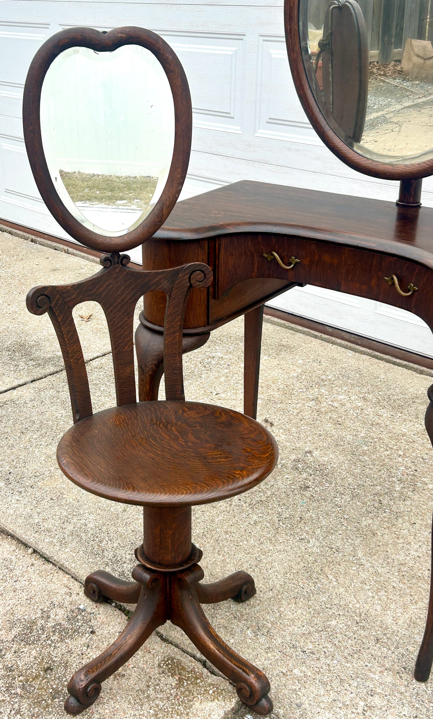ANTIQUE OAK VANITY AND CHAIR WITH RARE ADJUSTIBLE HEART SHAPE MIRRORS PAT. 1904