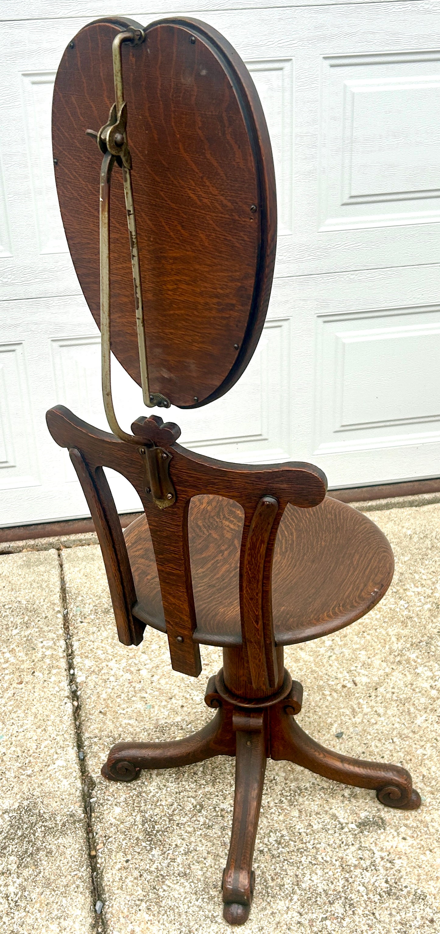 ANTIQUE OAK VANITY AND CHAIR WITH RARE ADJUSTIBLE HEART SHAPE MIRRORS PAT. 1904