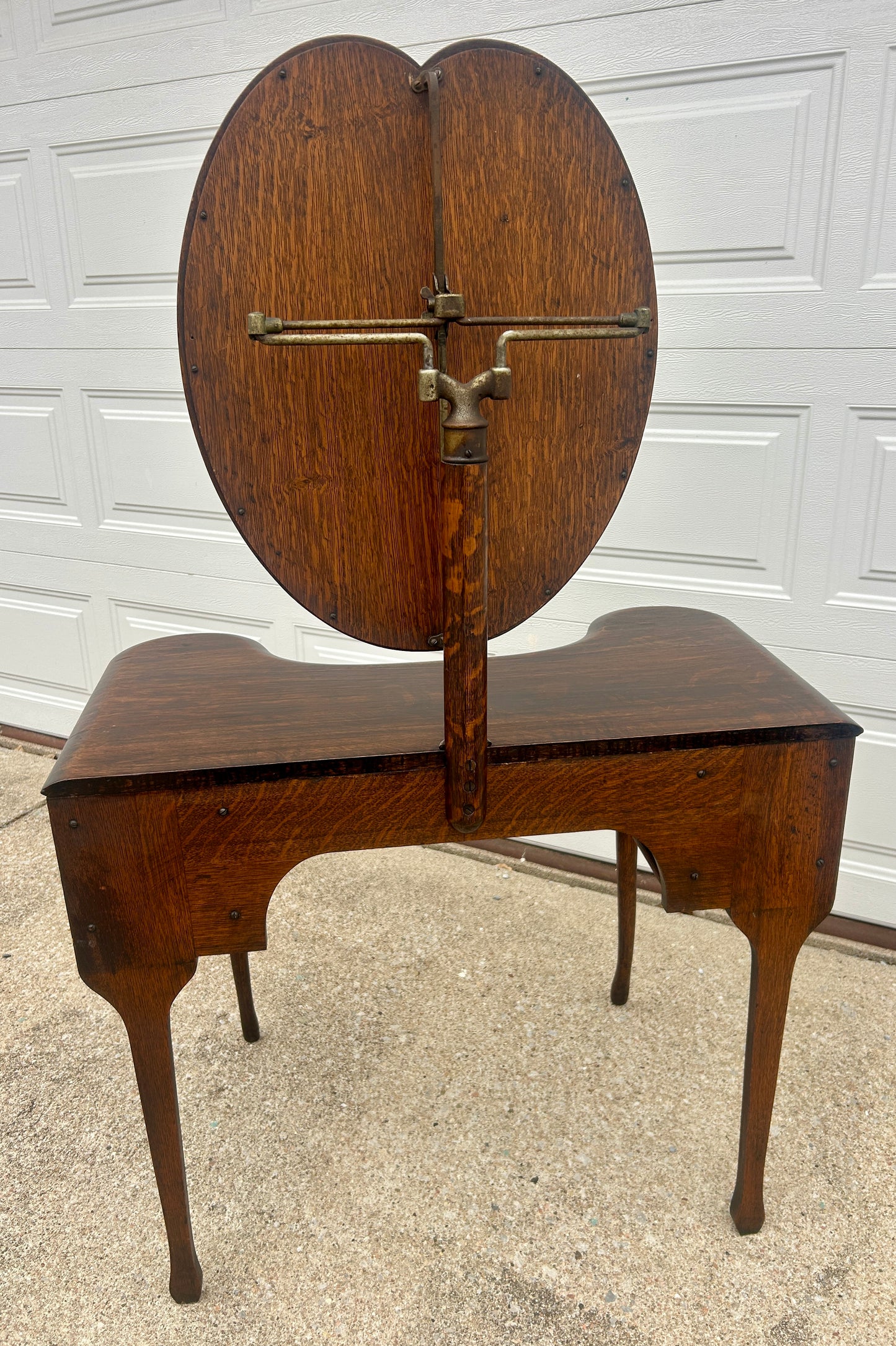 ANTIQUE OAK VANITY AND CHAIR WITH RARE ADJUSTIBLE HEART SHAPE MIRRORS PAT. 1904