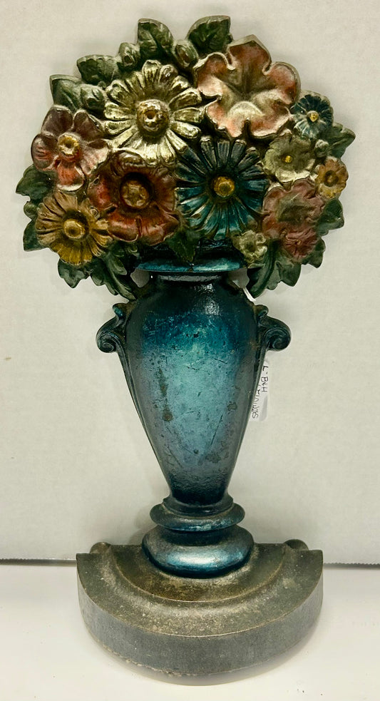 CAST IRON DOORSTOP WITH MIXED FLOWERS IN VASE BY BRADLEY & HUBBARD
