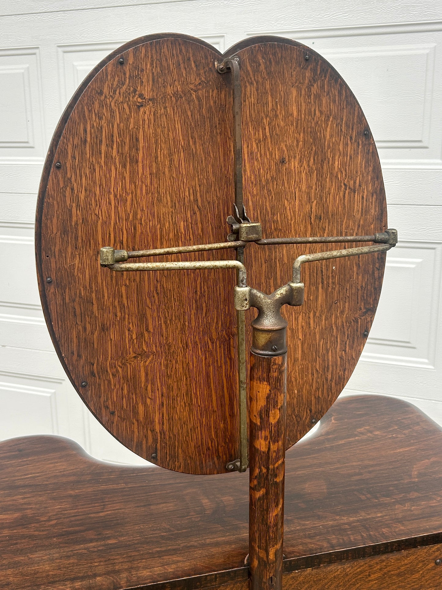 ANTIQUE OAK VANITY AND CHAIR WITH RARE ADJUSTIBLE HEART SHAPE MIRRORS PAT. 1904