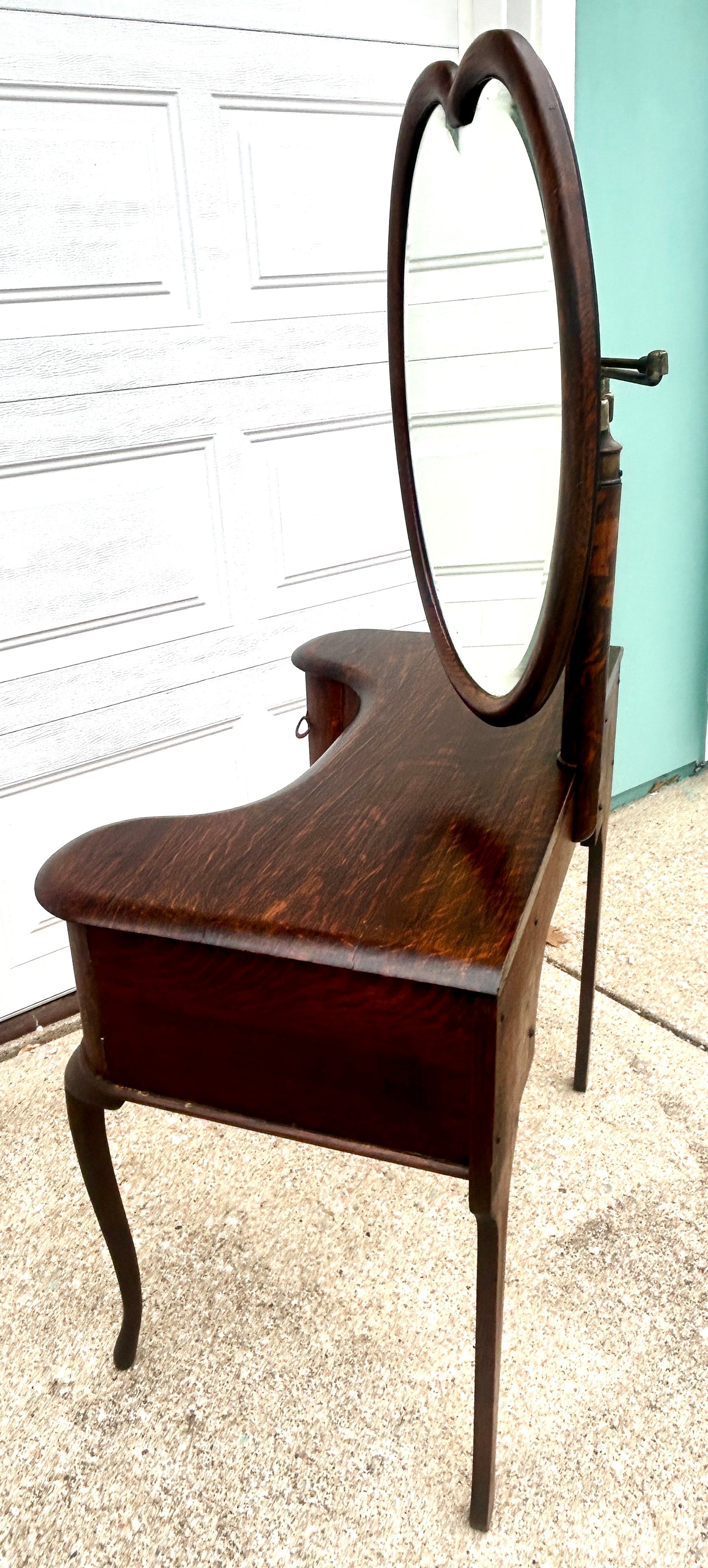 ANTIQUE OAK VANITY AND CHAIR WITH RARE ADJUSTIBLE HEART SHAPE MIRRORS PAT. 1904