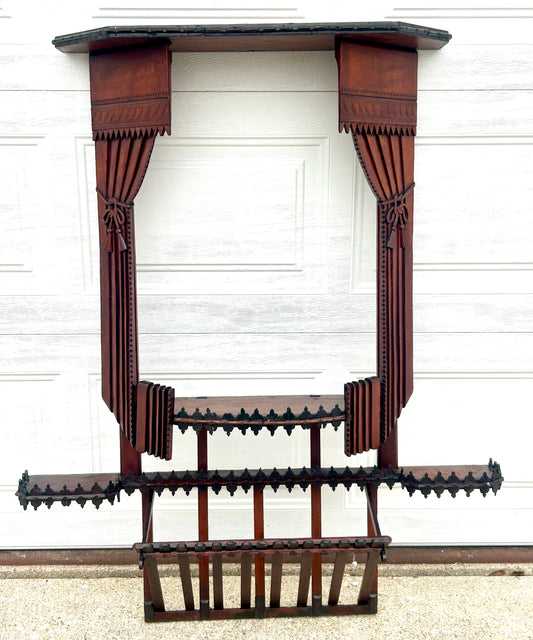 ANTIQUE FOLK ART WOOD CARVED CURTAINS WALL SHELF