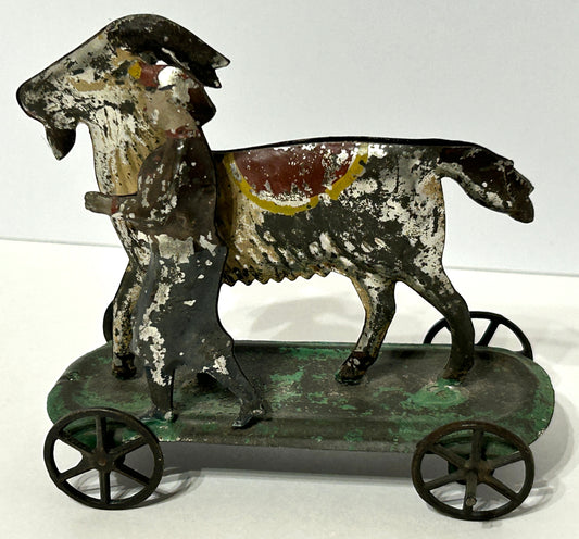 EARLY AMERICAN TIN PLATFORM  PULL TOY BOY AND GOAT