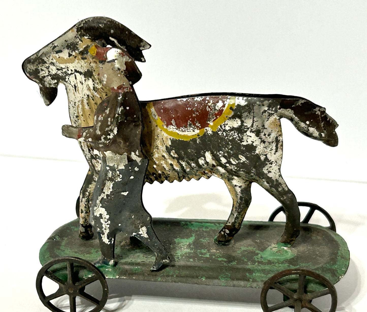 EARLY AMERICAN TIN PLATFORM  PULL TOY BOY AND GOAT