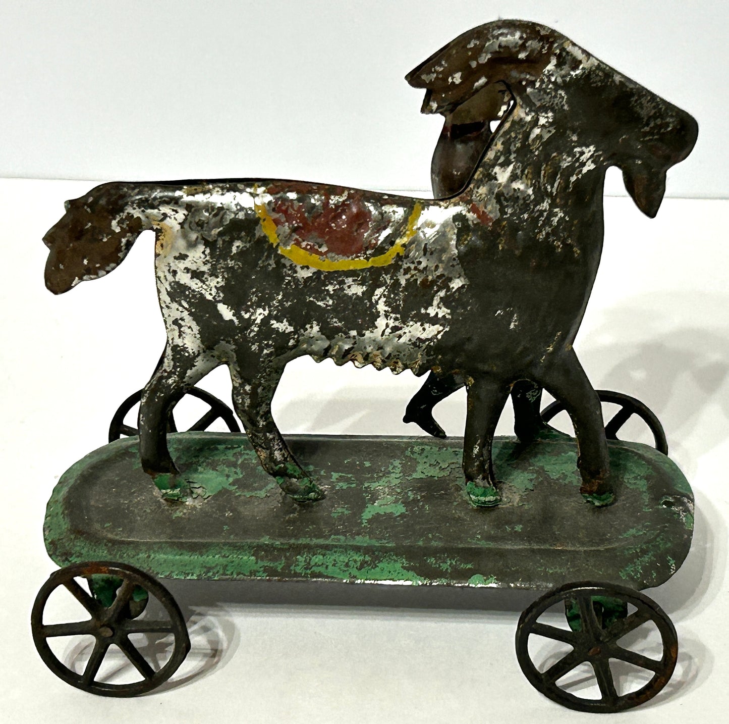 EARLY AMERICAN TIN PLATFORM  PULL TOY BOY AND GOAT