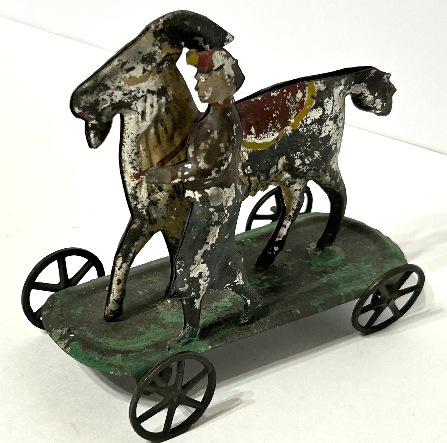 EARLY AMERICAN TIN PLATFORM  PULL TOY BOY AND GOAT