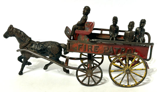 CAST IRON FIRE PATROL ANTIQUE HORSE DRAWN TOY