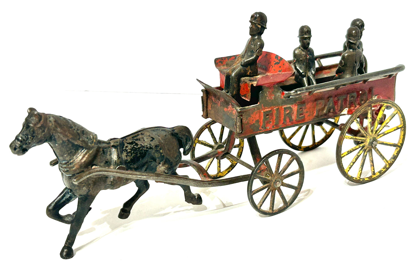CAST IRON FIRE PATROL ANTIQUE HORSE DRAWN TOY