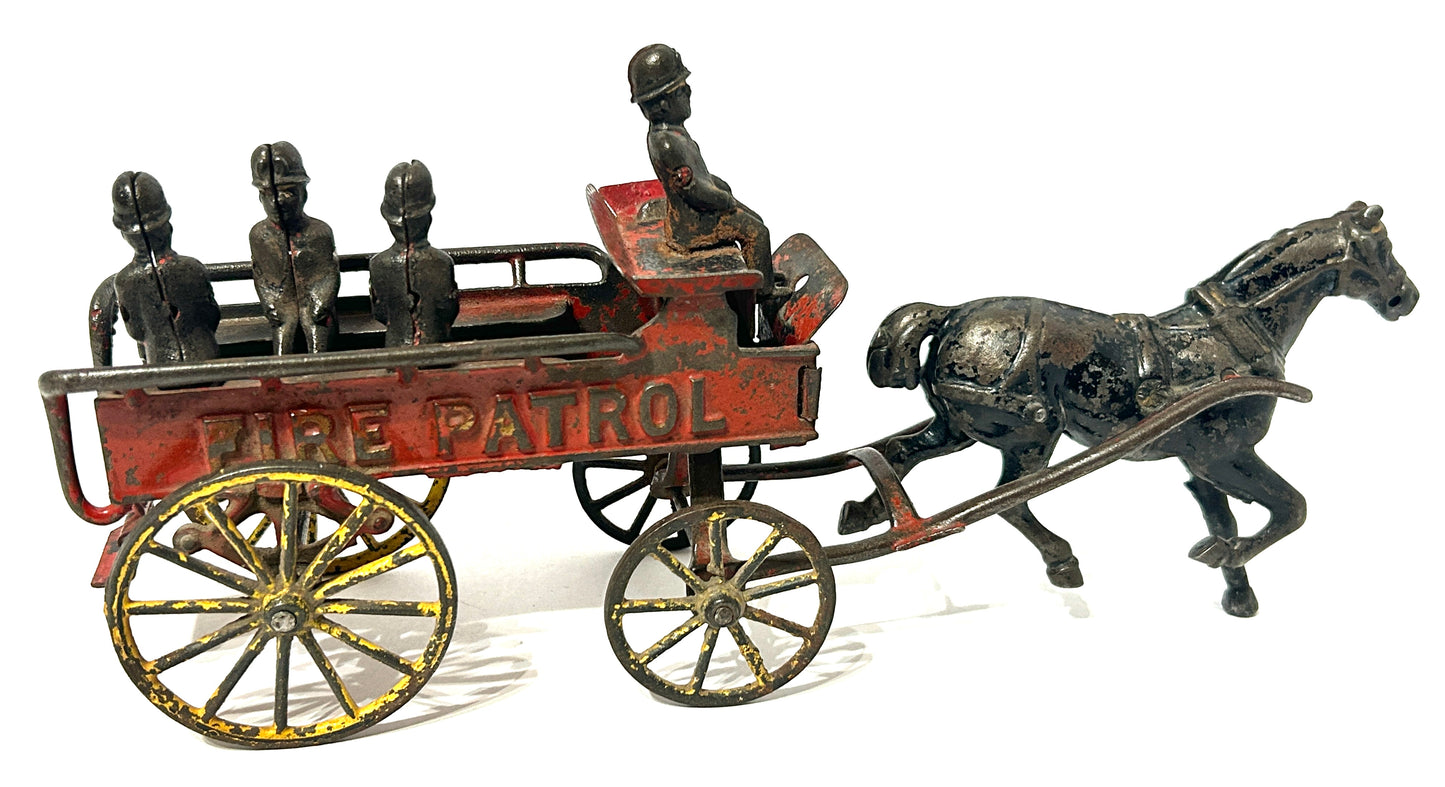 CAST IRON FIRE PATROL ANTIQUE HORSE DRAWN TOY