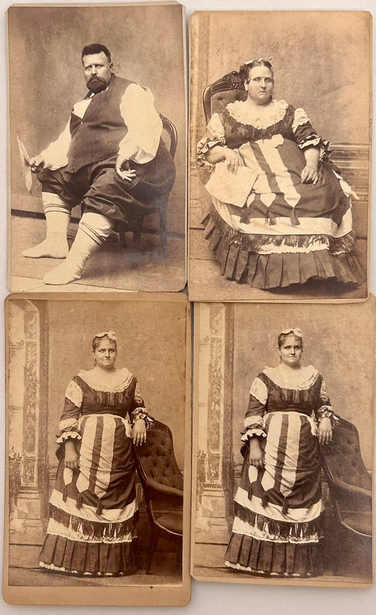 ANTIQUE CDV PHOTOS OF FOUR HEAVY PEOPLE IN WILD CLOTHING