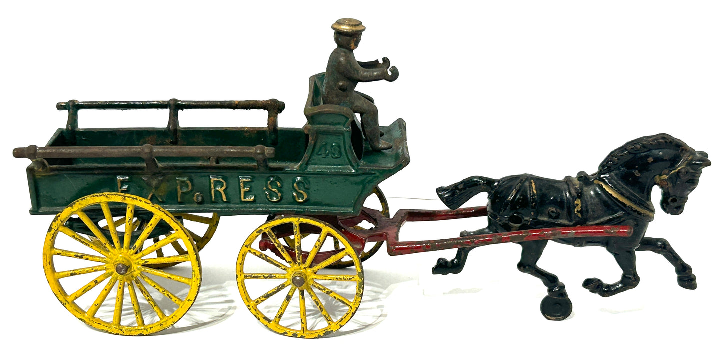 ANTIQUE CAST IRON TOY EXPRESS HORSE DRAWN FARM WAGON