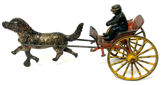 CAST IRON ANTIQUE TOY OF BUGGY DRAWN BY DOG
