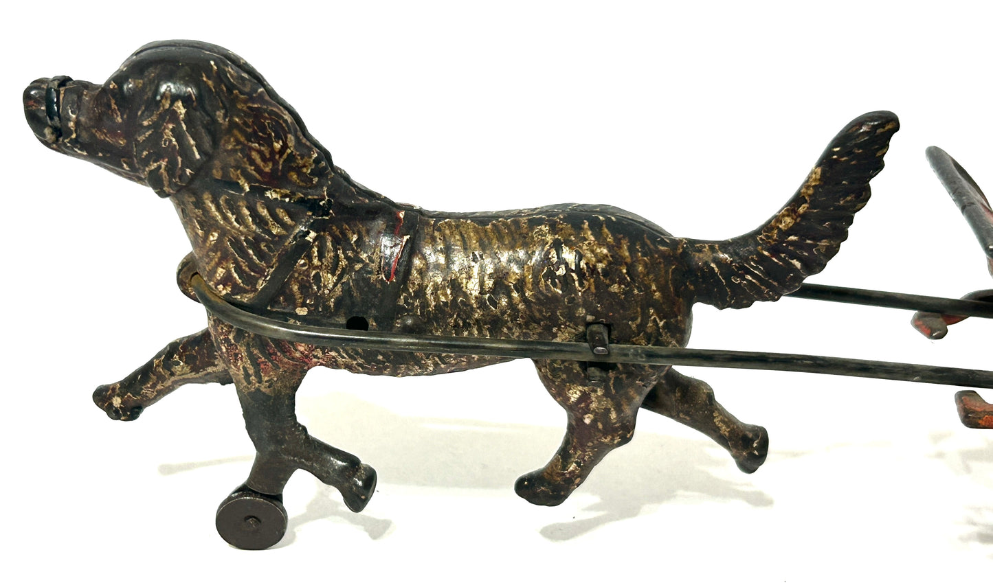 CAST IRON ANTIQUE TOY OF BUGGY DRAWN BY DOG
